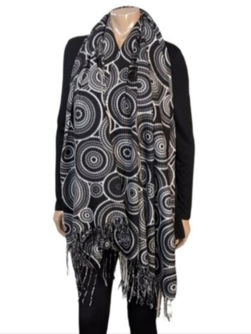 Caracol Unisex Large Fringe Scarf Geometric Circle Black Gray Fall Winter
